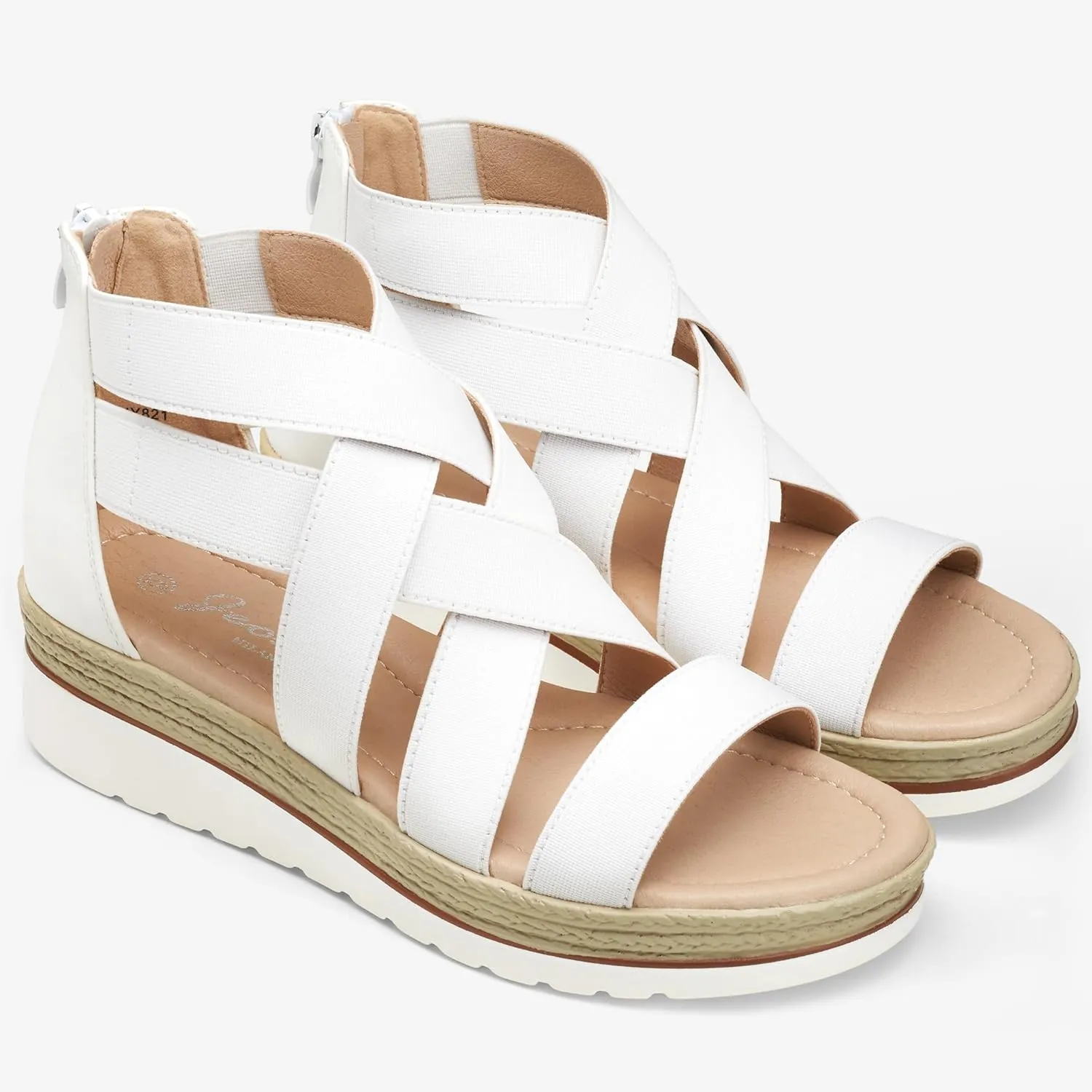 Jeossy Women's Platform Wedge Sandals White Pu Strappy Summer 866 Sandals Dressy with Zipper