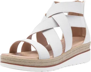 Jeossy Women's Platform Wedge Sandals White Pu Strappy Summer 866 Sandals Dressy with Zipper