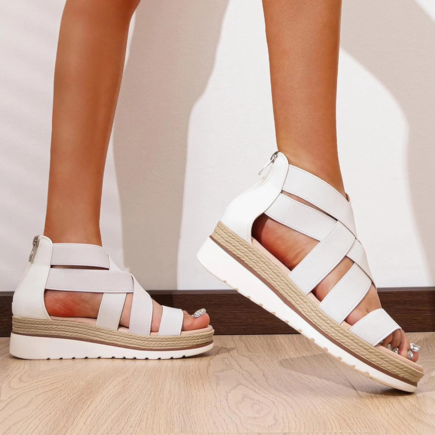 Jeossy Women's Platform Wedge Sandals White Pu Strappy Summer 866 Sandals Dressy with Zipper