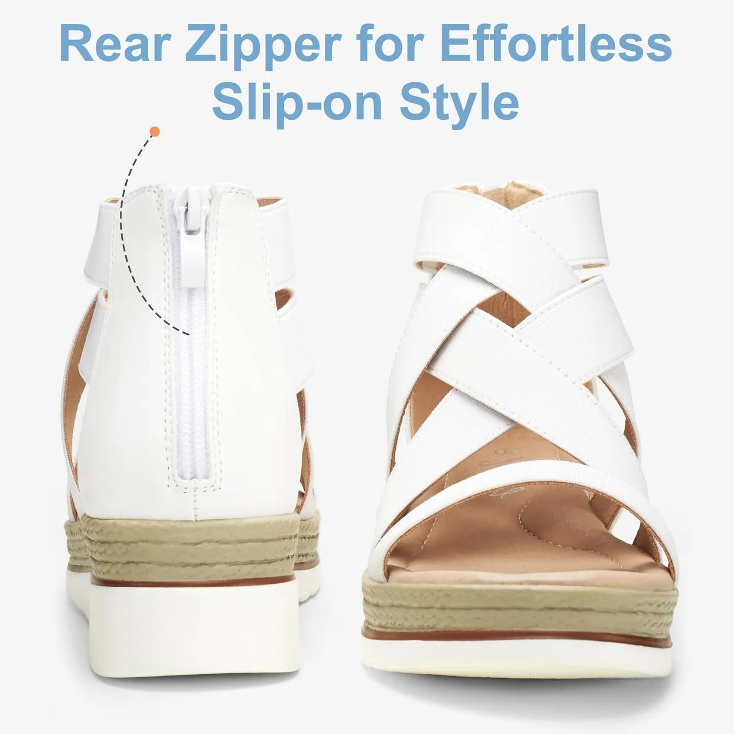 Jeossy Women's Platform Wedge Sandals White Pu Strappy Summer 866 Sandals Dressy with Zipper