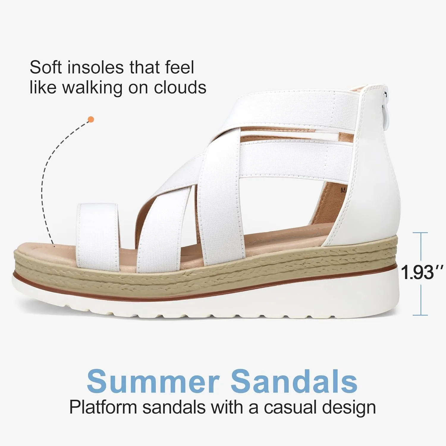 Jeossy Women's Platform Wedge Sandals White Pu Strappy Summer 866 Sandals Dressy with Zipper