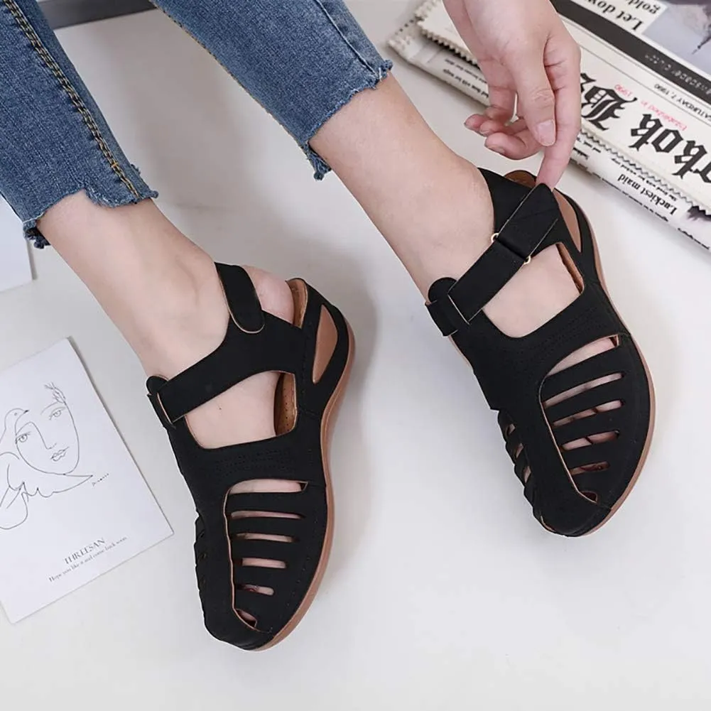 JITUUE Women's Summer Beach Wedge Sandals Bohemia Flip-Flop Ankle Strap Causal Closed Toe Cutout Flats Soft Comfort Comfy Low Wedge Shoes Gladiator Outdoor Shoes