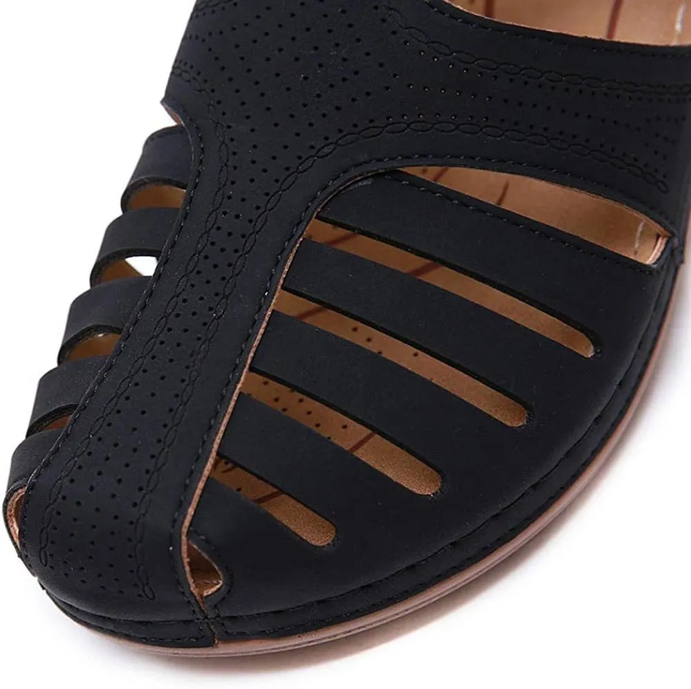 JITUUE Women's Summer Beach Wedge Sandals Bohemia Flip-Flop Ankle Strap Causal Closed Toe Cutout Flats Soft Comfort Comfy Low Wedge Shoes Gladiator Outdoor Shoes