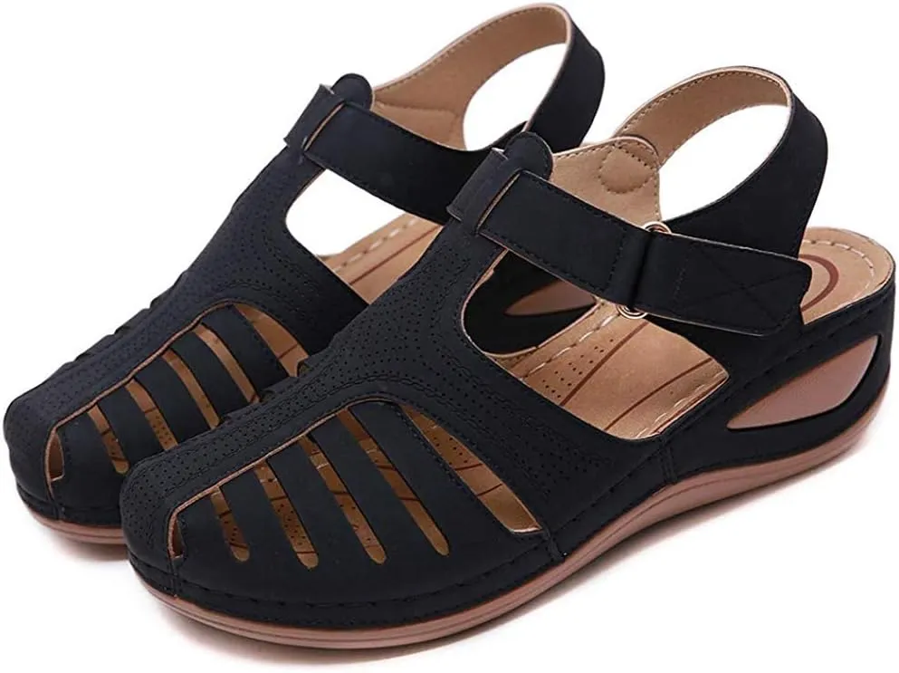 JITUUE Women's Summer Beach Wedge Sandals Bohemia Flip-Flop Ankle Strap Causal Closed Toe Cutout Flats Soft Comfort Comfy Low Wedge Shoes Gladiator Outdoor Shoes