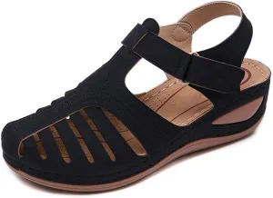 JITUUE Women's Summer Beach Wedge Sandals Bohemia Flip-Flop Ankle Strap Causal Closed Toe Cutout Flats Soft Comfort Comfy Low Wedge Shoes Gladiator Outdoor Shoes
