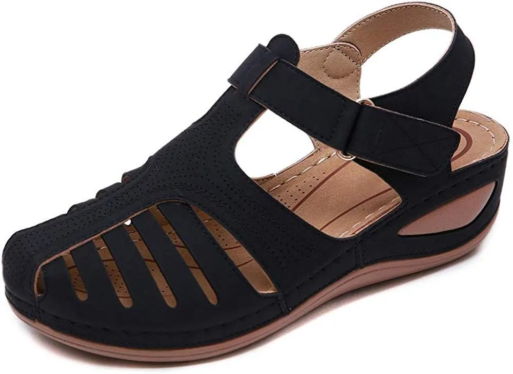 JITUUE Women's Summer Beach Wedge Sandals Bohemia Flip-Flop Ankle Strap Causal Closed Toe Cutout Flats Soft Comfort Comfy Low Wedge Shoes Gladiator Outdoor Shoes