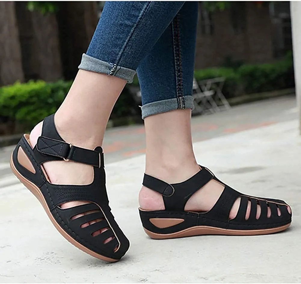 JITUUE Women's Summer Beach Wedge Sandals Bohemia Flip-Flop Ankle Strap Causal Closed Toe Cutout Flats Soft Comfort Comfy Low Wedge Shoes Gladiator Outdoor Shoes