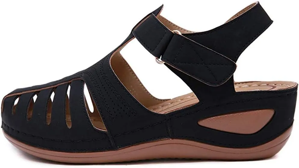 JITUUE Women's Summer Beach Wedge Sandals Bohemia Flip-Flop Ankle Strap Causal Closed Toe Cutout Flats Soft Comfort Comfy Low Wedge Shoes Gladiator Outdoor Shoes