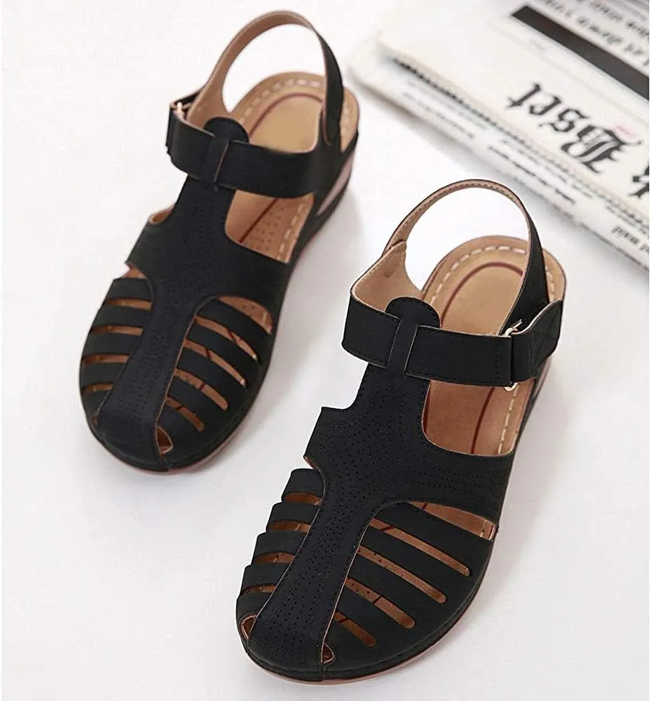 JITUUE Women's Summer Beach Wedge Sandals Bohemia Flip-Flop Ankle Strap Causal Closed Toe Cutout Flats Soft Comfort Comfy Low Wedge Shoes Gladiator Outdoor Shoes