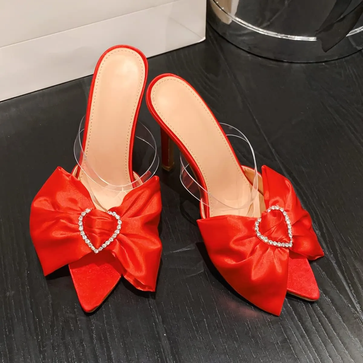 JOEupin Womens Mules Heels Pointed Toe High Heel Slip on Bow Backless Wedding Dress Shoes