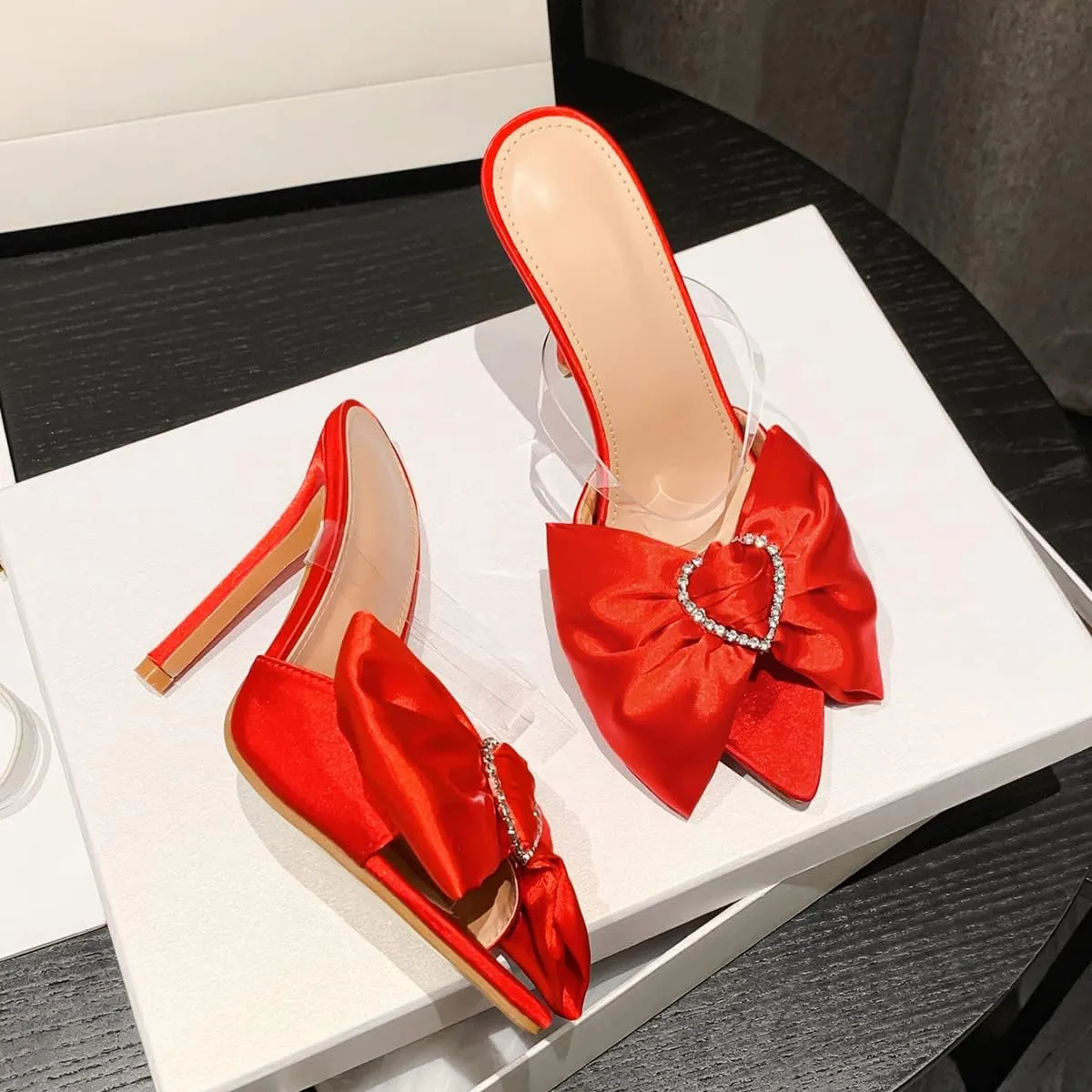 JOEupin Womens Mules Heels Pointed Toe High Heel Slip on Bow Backless Wedding Dress Shoes