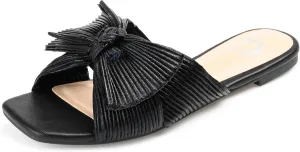 Journee Womens Pleated Metallic Bow Knot Low Block Heel Padded Open Square Toe Serlina Slide Sandal