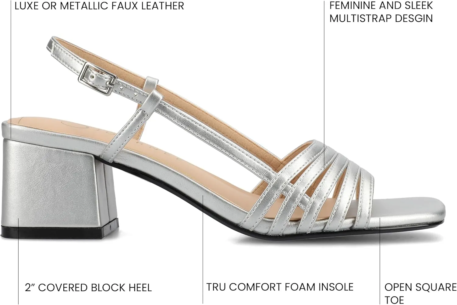 Journee Womens Strappy Buckle Sling Back Covered Block Heel Open Square Toe Shayana Comfort Foam Sandals