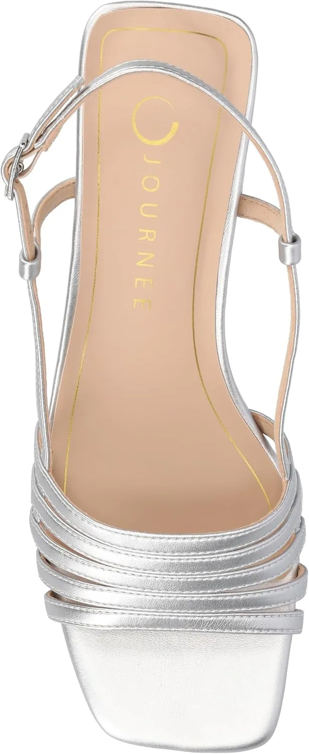 Journee Womens Strappy Buckle Sling Back Covered Block Heel Open Square Toe Shayana Comfort Foam Sandals