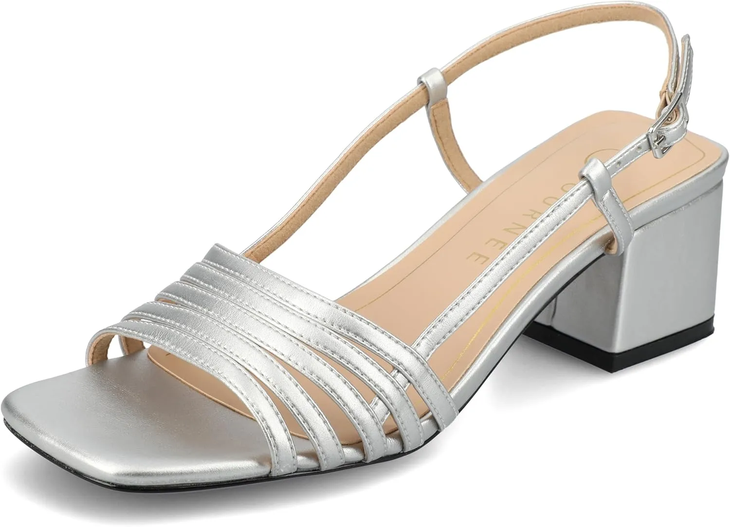 Journee Womens Strappy Buckle Sling Back Covered Block Heel Open Square Toe Shayana Comfort Foam Sandals