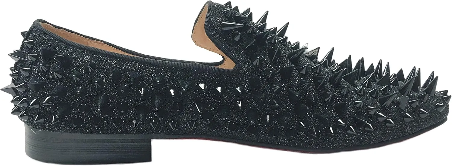 Justar Men's Leather Spikes Loafers Studded Dress Shoes Slip-on Flats Long Rivet Party Shoes