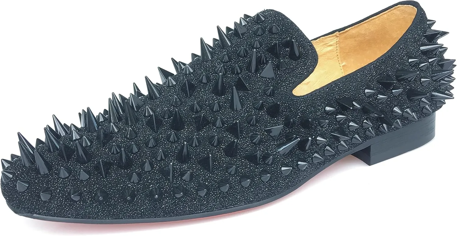 Justar Men's Leather Spikes Loafers Studded Dress Shoes Slip-on Flats Long Rivet Party Shoes