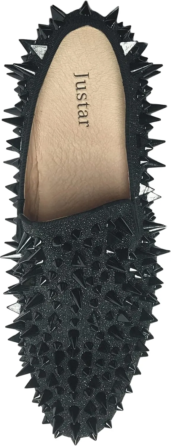 Justar Men's Leather Spikes Loafers Studded Dress Shoes Slip-on Flats Long Rivet Party Shoes