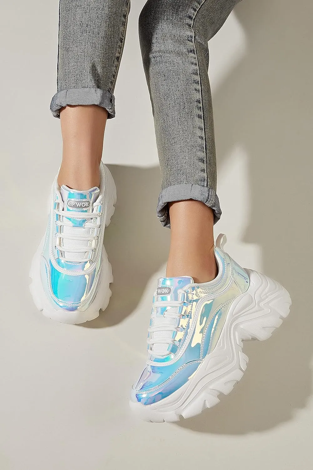 K KIP WOK Chunky Sneakers for Women Fashion Platform White Leather Casual Dad Shoes Comfortable Wedge Walking Sport Sneakers