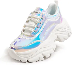 K KIP WOK Chunky Sneakers for Women Fashion Platform White Leather Casual Dad Shoes Comfortable Wedge Walking Sport Sneakers