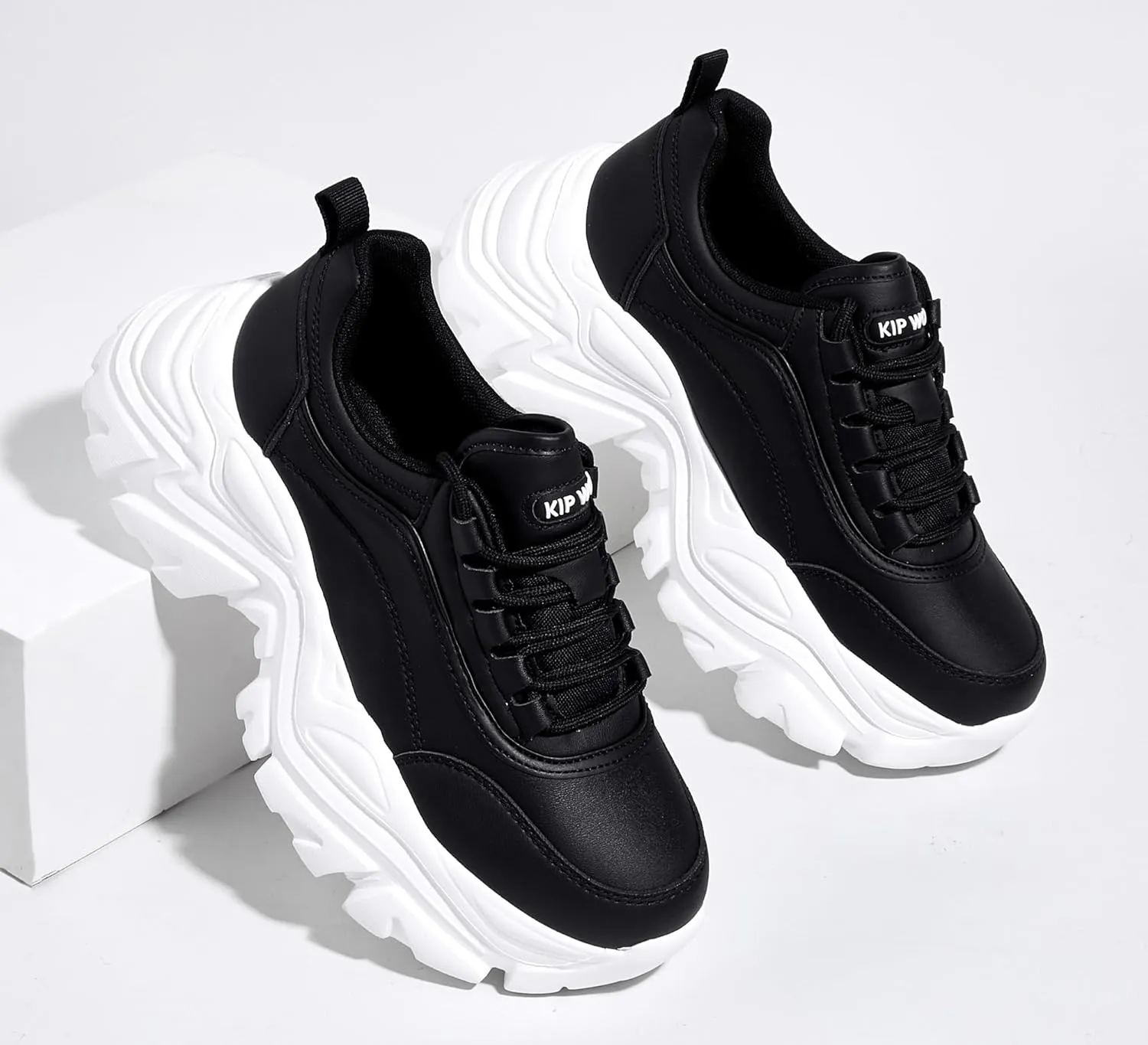 K KIP WOK Chunky Sneakers for Women Fashion Platform White Leather Casual Dad Shoes Comfortable Wedge Walking Sport Sneakers