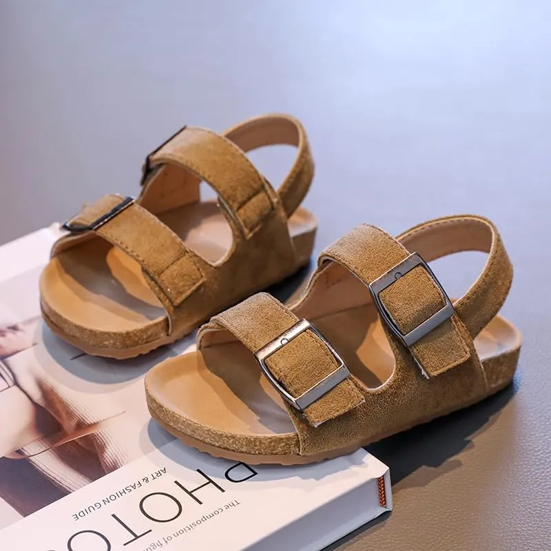 Kids Suede Cork Footbed Sandals with Double Buckle Straps, Tan Brown, Casual Comfort