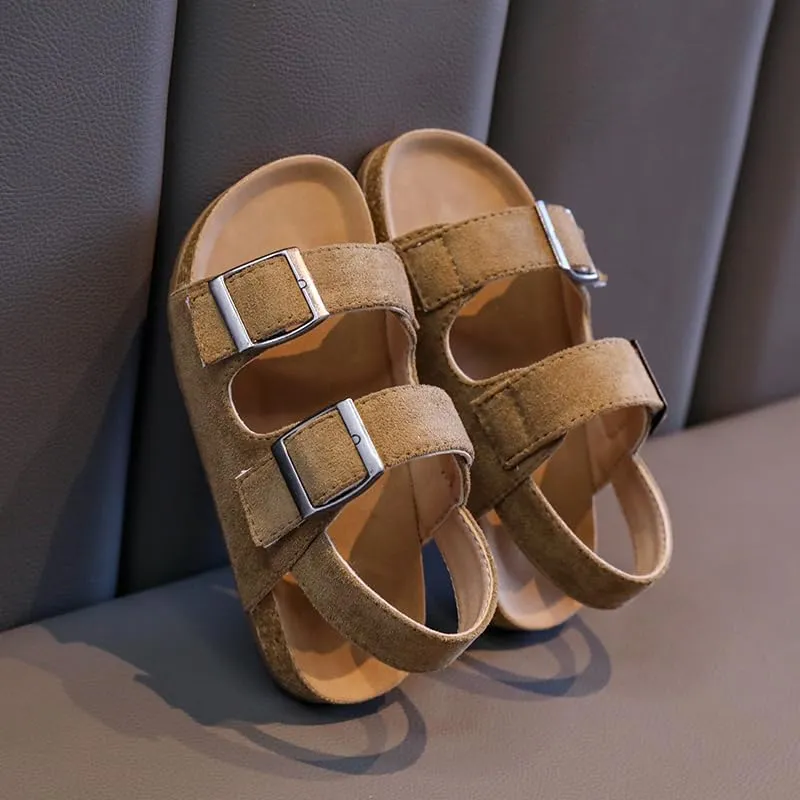 Kids Suede Cork Footbed Sandals with Double Buckle Straps, Tan Brown, Casual Comfort