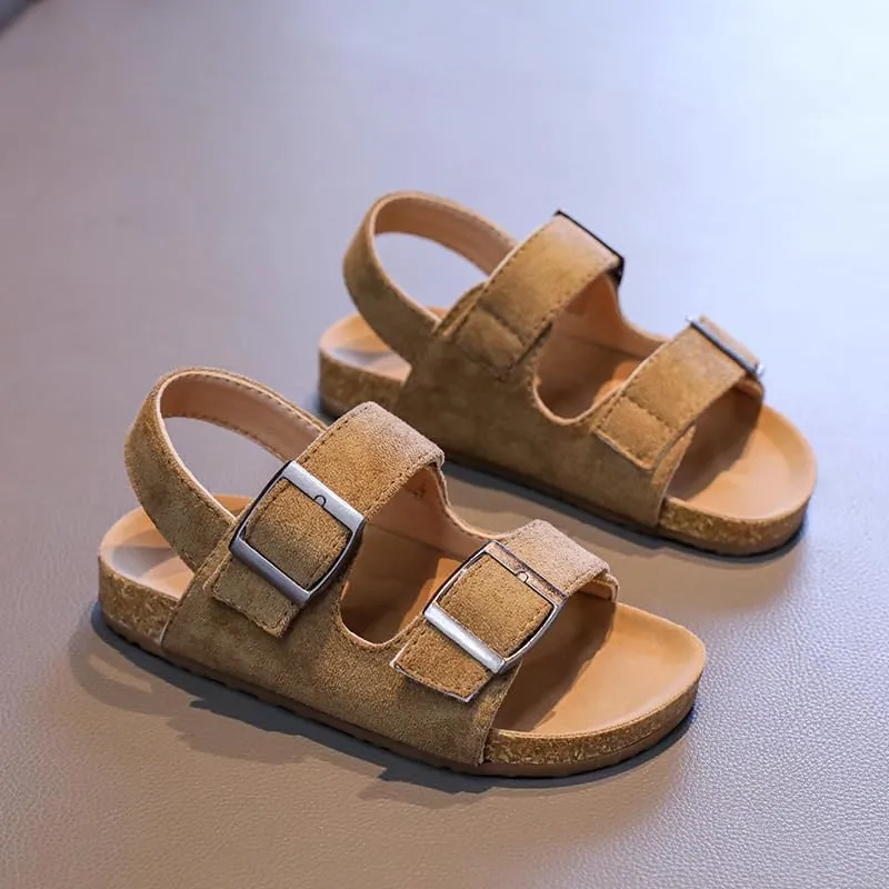 Kids Suede Cork Footbed Sandals with Double Buckle Straps, Tan Brown, Casual Comfort