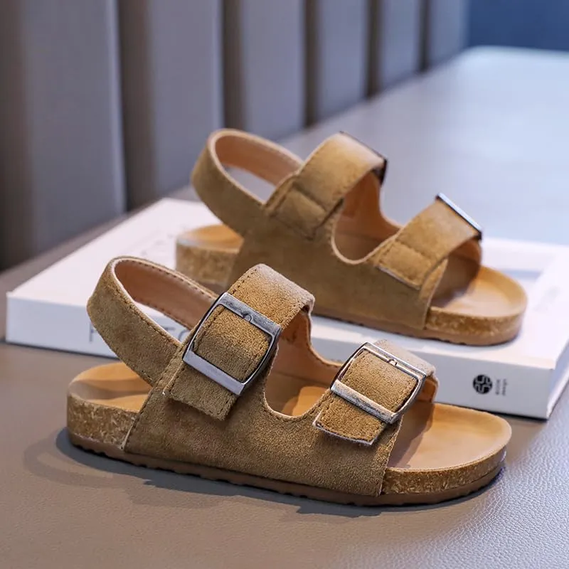Kids Suede Cork Footbed Sandals with Double Buckle Straps, Tan Brown, Casual Comfort