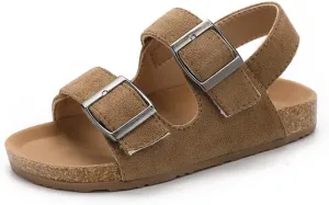 Kids Suede Cork Footbed Sandals with Double Buckle Straps, Tan Brown, Casual Comfort