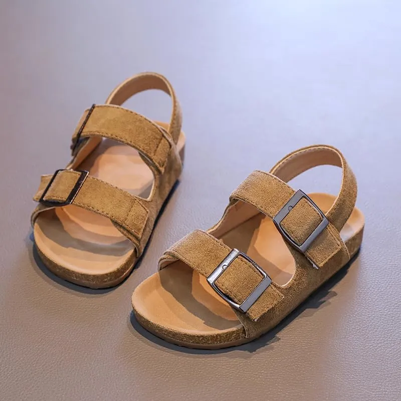 Kids Suede Cork Footbed Sandals with Double Buckle Straps, Tan Brown, Casual Comfort