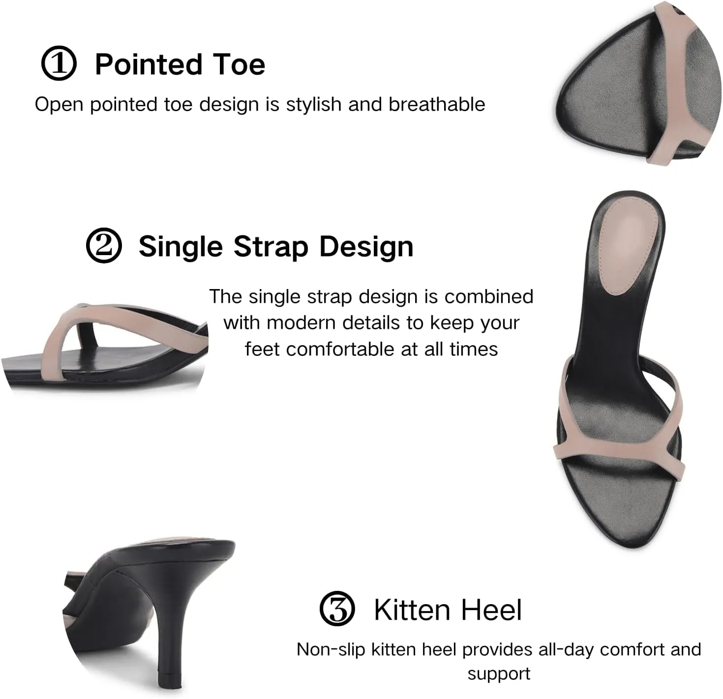 Kitten Heels for Women Single Strap Low Heel Open Toe Mule Shoes Non Slip Sandals
