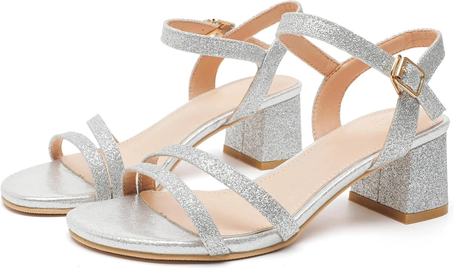 kkdom Women's Open Toe Ankle Strap Glitter Sandals Pumps Low Block Chunky Heels Wedding Dress Shoes