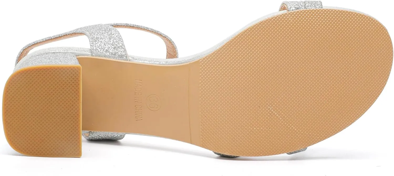 kkdom Women's Open Toe Ankle Strap Glitter Sandals Pumps Low Block Chunky Heels Wedding Dress Shoes
