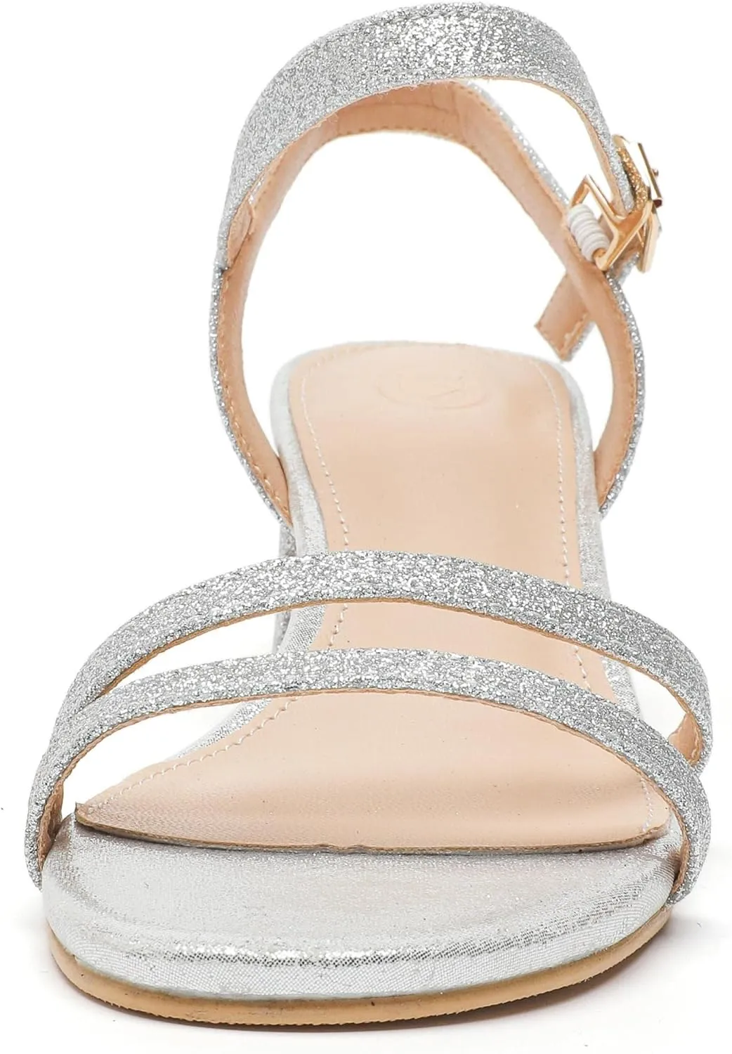 kkdom Women's Open Toe Ankle Strap Glitter Sandals Pumps Low Block Chunky Heels Wedding Dress Shoes