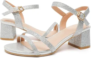 kkdom Women's Open Toe Ankle Strap Glitter Sandals Pumps Low Block Chunky Heels Wedding Dress Shoes