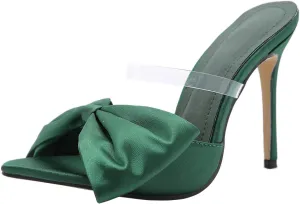 KOKOMOMO Womens Bow High Heels Mules Stiletto Slides Mule Heels Open Toe Heeled Sandals with Bowknot