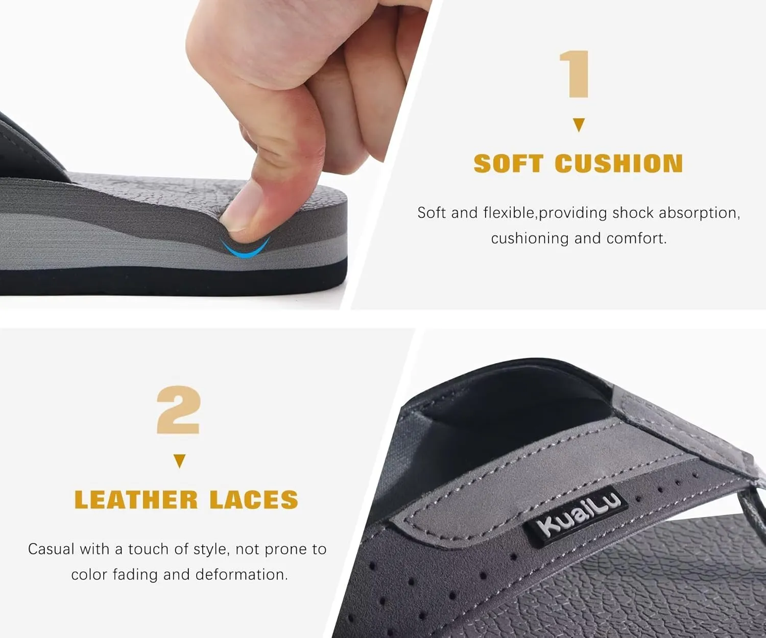 KuaiLu Men's Yoga Mat Leather Flip Flops with Arch Support Comfortable Cushion Walking Thong Sandals Slip On Indoor Outdoor