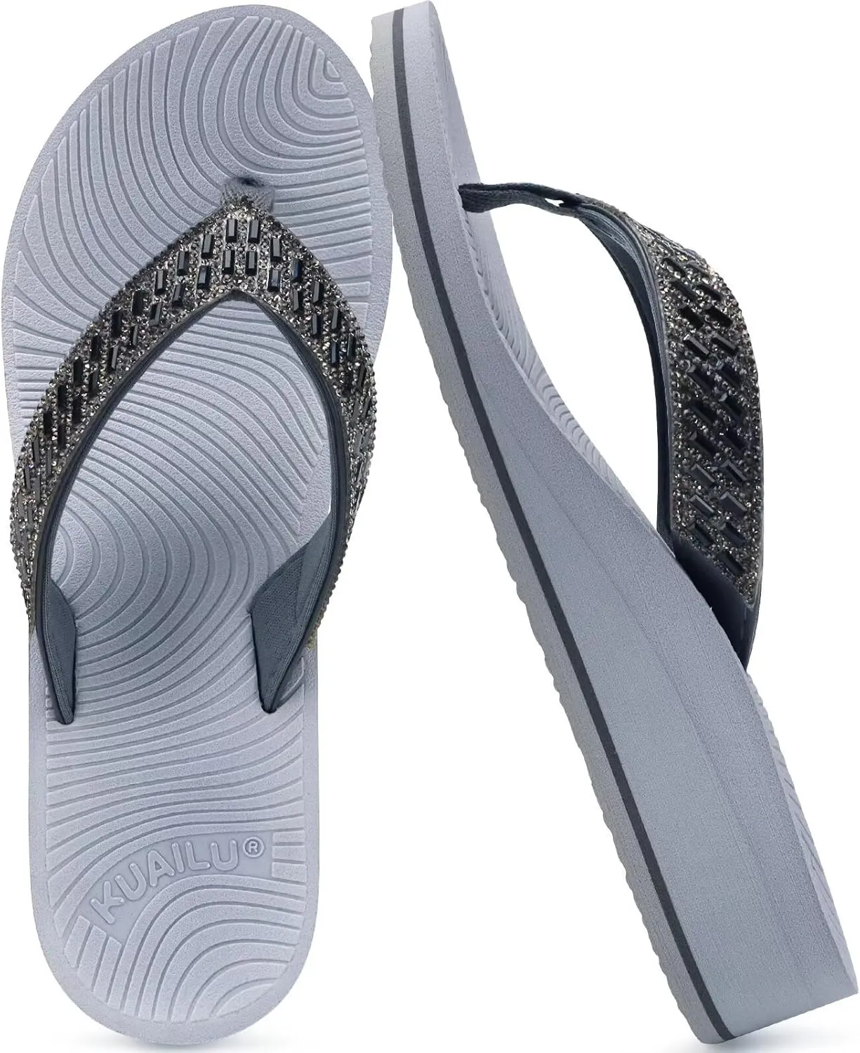 KuaiLu Womens Dressy Rhinestone Platform Flip Flops Trendy Comfortable Arch Support Cushion Walking Thong Sandals Yoga Foam Low Wedge Slippers Summer Pool Beach
