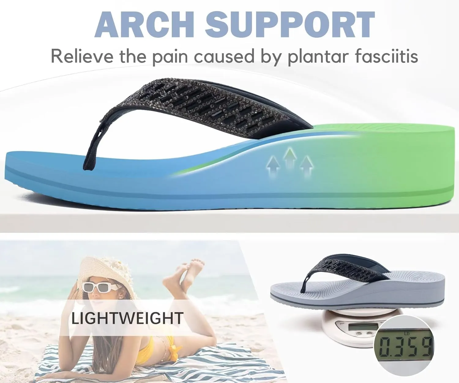 KuaiLu Womens Dressy Rhinestone Platform Flip Flops Trendy Comfortable Arch Support Cushion Walking Thong Sandals Yoga Foam Low Wedge Slippers Summer Pool Beach