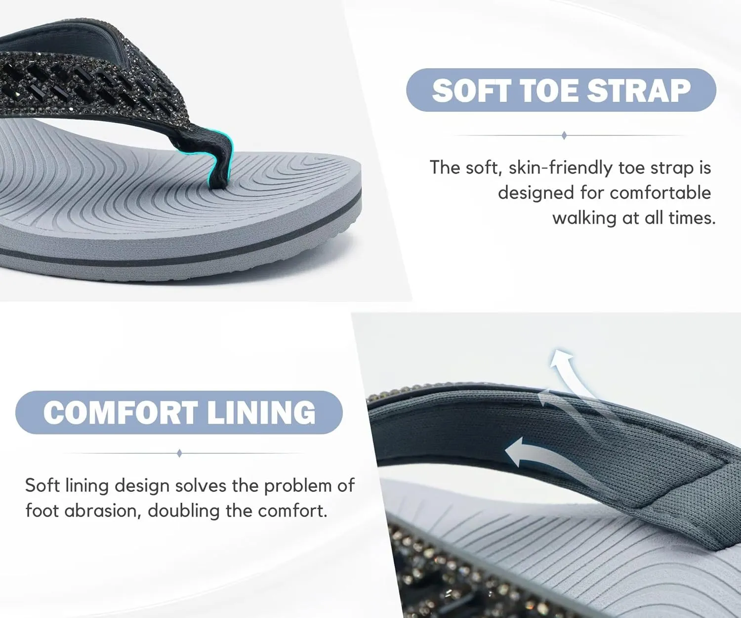 KuaiLu Womens Dressy Rhinestone Platform Flip Flops Trendy Comfortable Arch Support Cushion Walking Thong Sandals Yoga Foam Low Wedge Slippers Summer Pool Beach