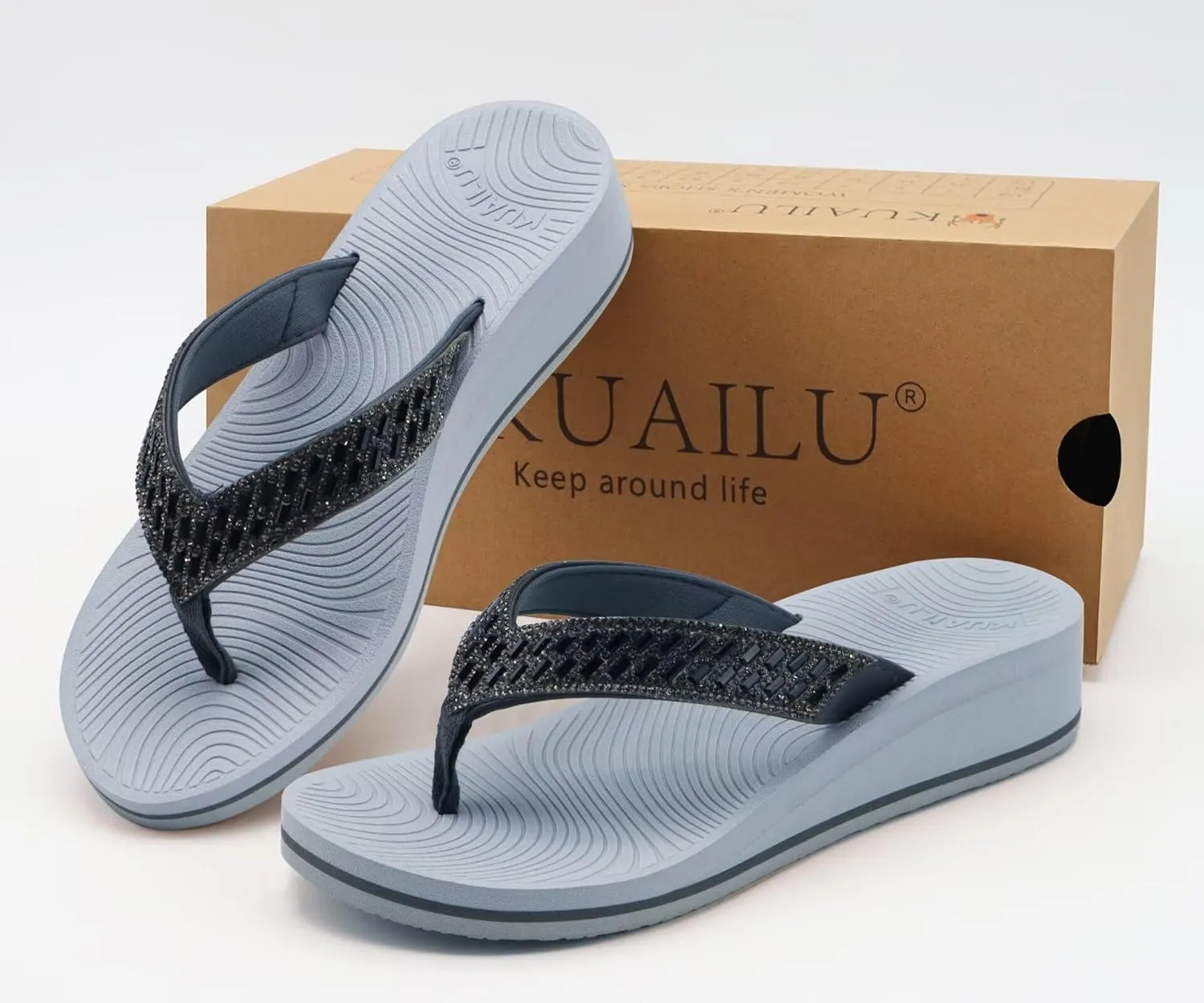KuaiLu Womens Dressy Rhinestone Platform Flip Flops Trendy Comfortable Arch Support Cushion Walking Thong Sandals Yoga Foam Low Wedge Slippers Summer Pool Beach