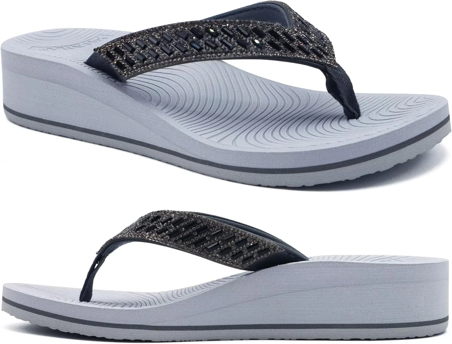 KuaiLu Womens Dressy Rhinestone Platform Flip Flops Trendy Comfortable Arch Support Cushion Walking Thong Sandals Yoga Foam Low Wedge Slippers Summer Pool Beach