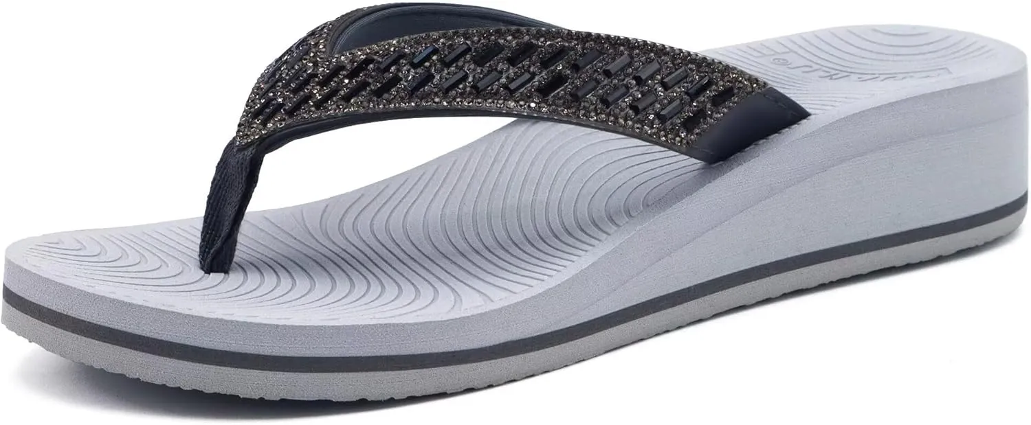 KuaiLu Womens Dressy Rhinestone Platform Flip Flops Trendy Comfortable Arch Support Cushion Walking Thong Sandals Yoga Foam Low Wedge Slippers Summer Pool Beach