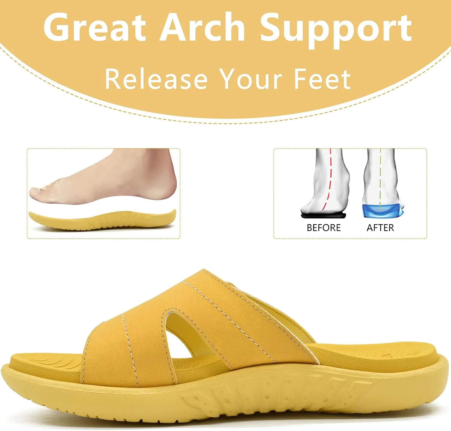 KuaiLu Womens Fashion Orthotic Slides Ladies Lightweight Athletic Yoga Mat Sandals Slip On Thick Cushion Slippers Sandals With Comfortable Plantar Fasciitis Arch Support