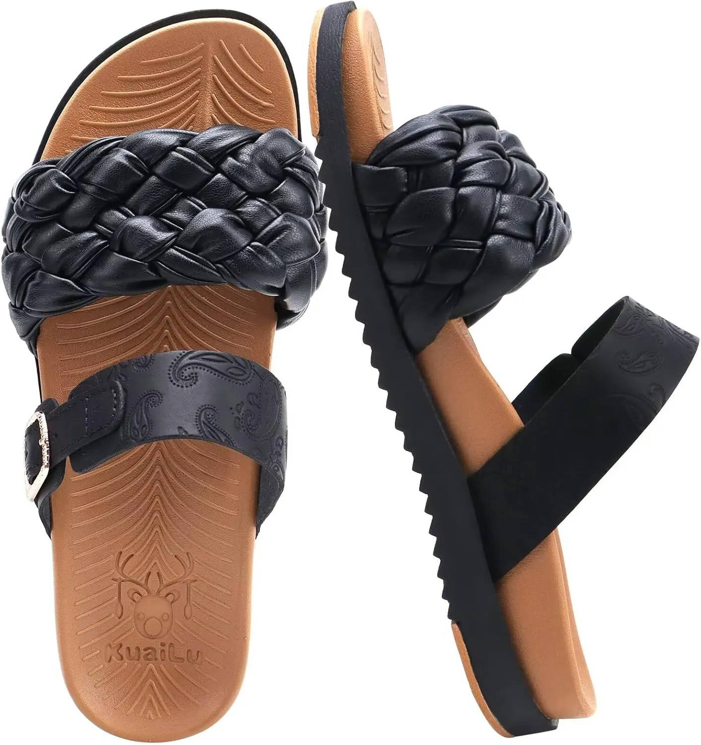 KuaiLu Womens Orthopedic Sandals Comfortable Arch Support Fashion Summer Beach Dressy Sandals With Leather Braided Adjustable Open Toe Cushion Travel Outdoor Plantar Fasciitis Shoes US Size5-11