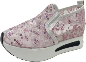 Ladies Fashion Breathable Mmesh Sequin Decoration Thick Soled Casual Sports Casual Tennis Shoes for Women Colorful (Pink, 8.5)