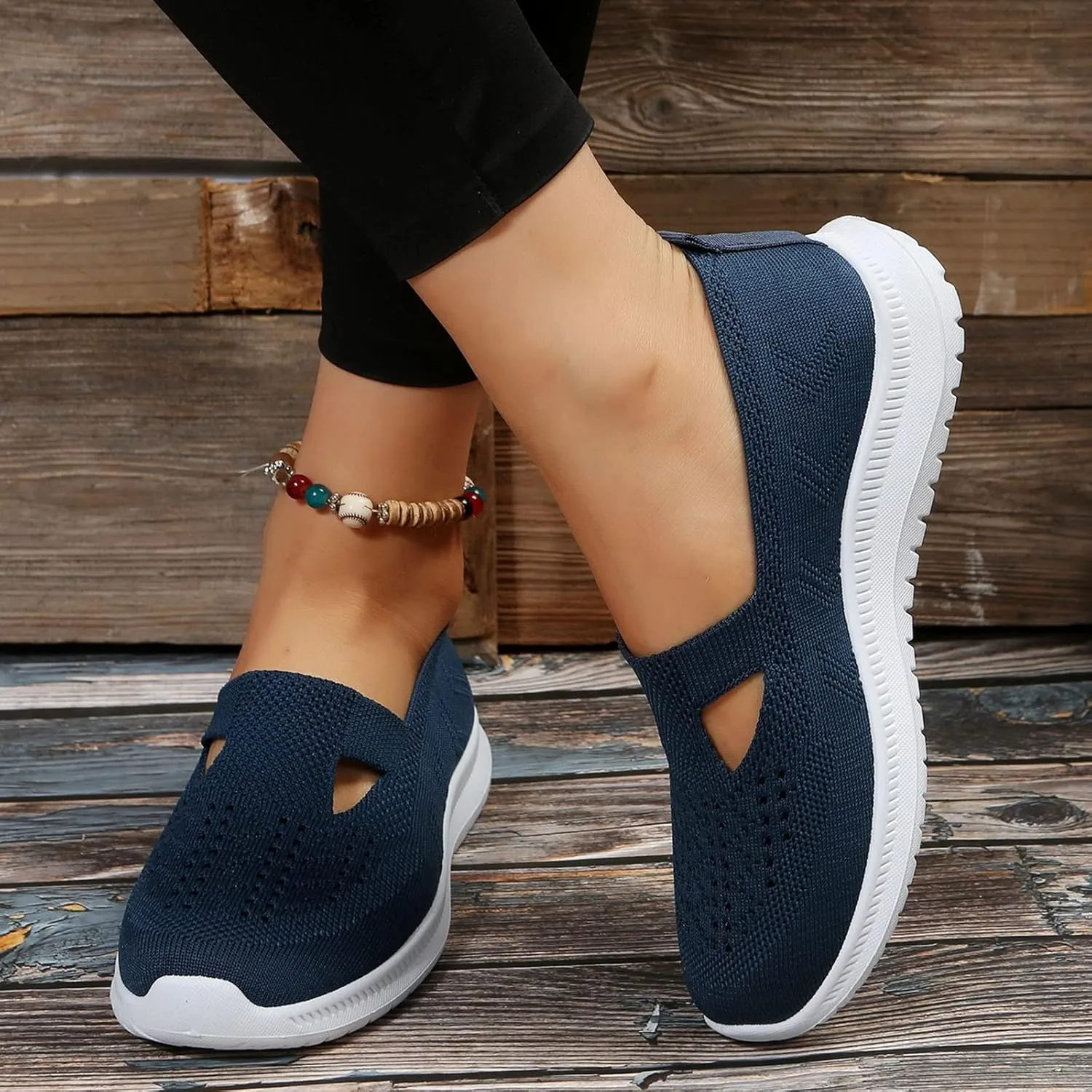 Ladies Fashion Solid Color Breathable Knitted Mesh Flat Bottomed Casual Sports Shoes Internationalist Women Sneaker (Dark Blue, 8.5)