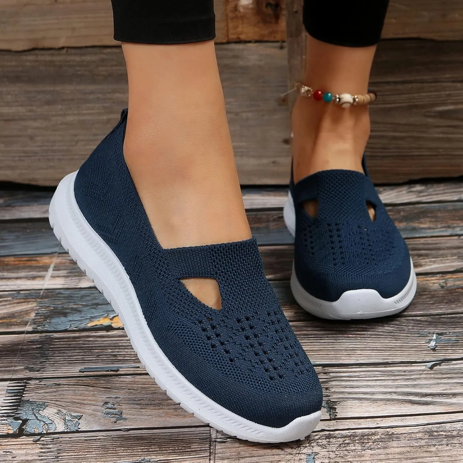 Ladies Fashion Solid Color Breathable Knitted Mesh Flat Bottomed Casual Sports Shoes Internationalist Women Sneaker (Dark Blue, 8.5)