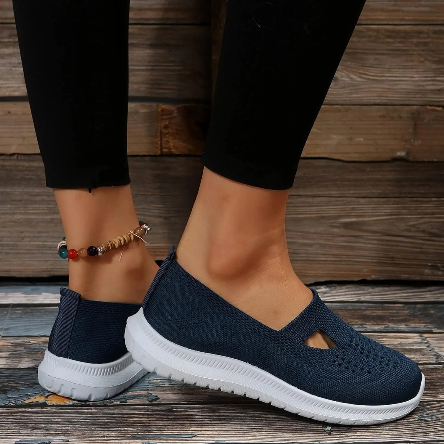 Ladies Fashion Solid Color Breathable Knitted Mesh Flat Bottomed Casual Sports Shoes Internationalist Women Sneaker (Dark Blue, 8.5)